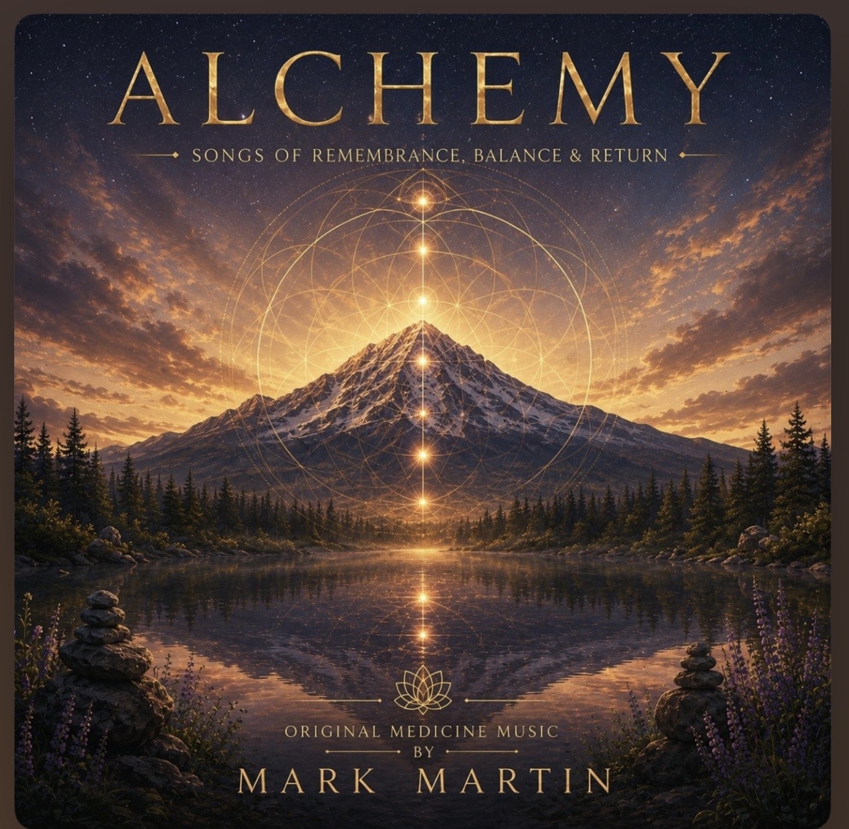 Alchemy album cover by Mark Martin, representing transformation through fire, earth, light, and spiritual renewal.